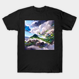 Beautiful Mountain Airy Skies Flower Nature Garden Village T-Shirt